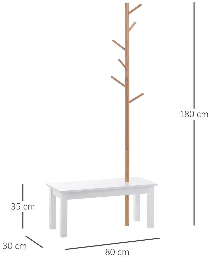 HOMCOM Bancă hol, cu un Cuier în Bambus, Design Modern, Spațiu de Depozitare, Alb și Lemn, 80x30x180 cm | Aosom Romania
