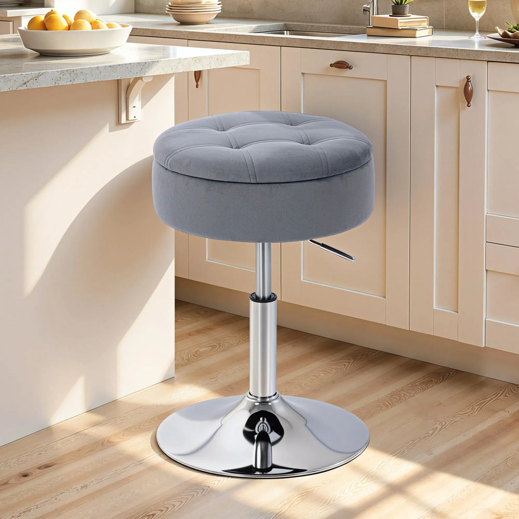 HOMCOM Round Bar Stool, Height Adjustable Swivel Pub Chair with Storage and Metal Base, Backless Tufted Makeup Stool for Breakfast Counter, Kitchen Island, Bedroom, Living Room, Grey | Aosom Romania