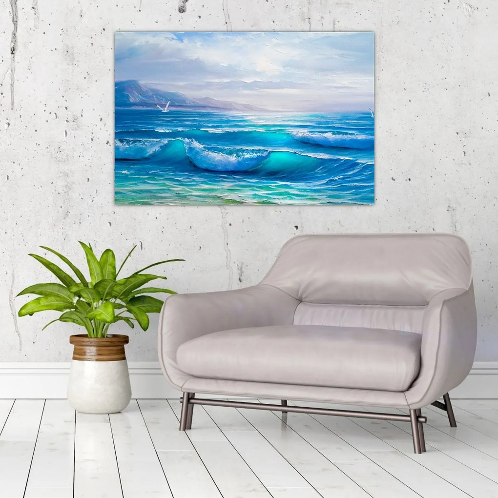 Tablou - Pictură în ulei de mare cu pescăruși (90x60 cm)