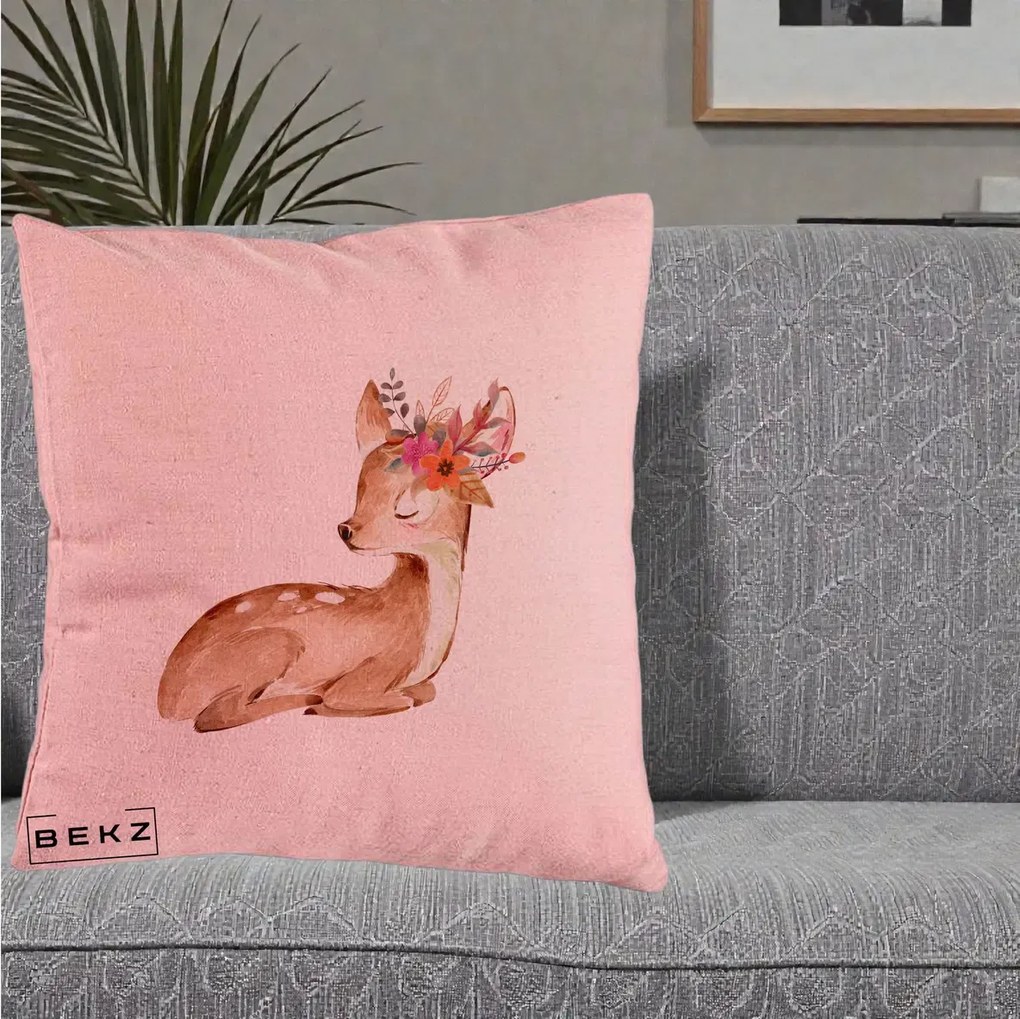 Perna Decorativa Caprioara cu Flori in Coama, 40x40 cm, Roz, Husa Detasabila, Perna Inclusa, BEKZ®