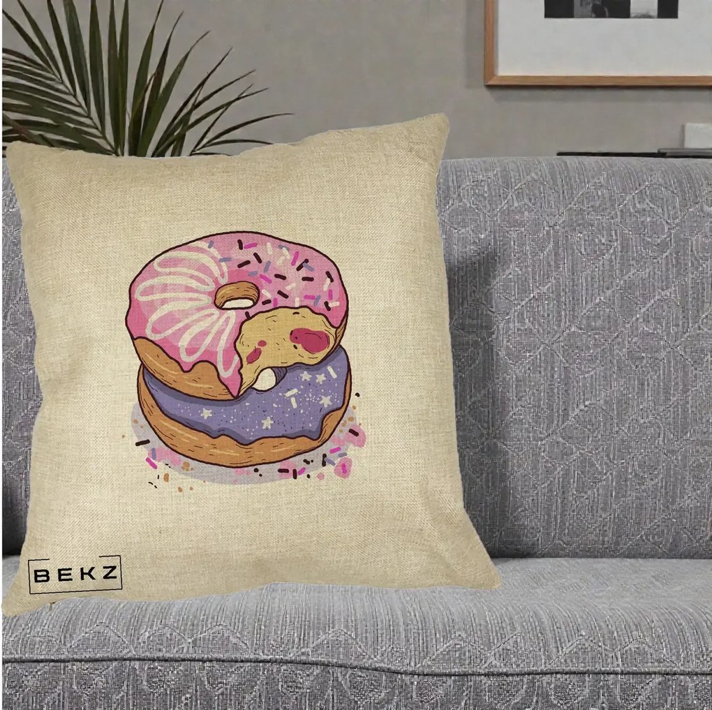 Perna Decorativa Donuts Roz si Mov, 40x40 cm, Crem, Husa Detasabila, Perna Inclusa, BEKZ®