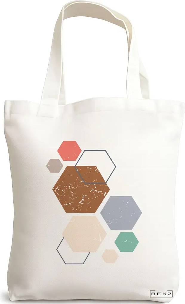 Sacosa de Panza pentru Cumparaturi, Geanta Tote, model Hexagons Pattern, 38x34.5 cm, Alba, BEKZ®