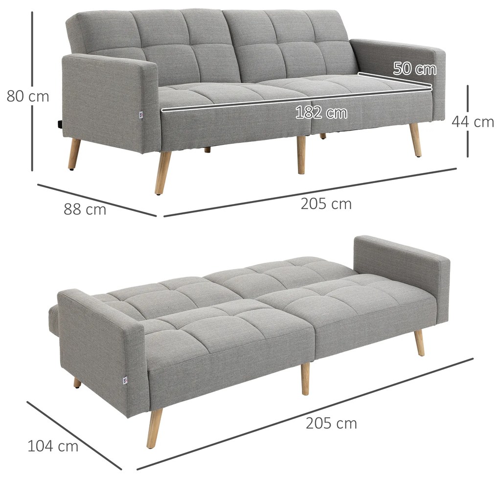 HOMCOM Canapea extensibila moderna cu 2 locuri cu picioare din lemn pentru camera de zi si camera de oaspeti, gri