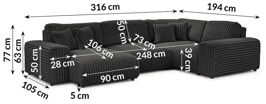 Colțar gri închis cu tapițerie din catifea reiată (cu colț pe partea dreaptă/în formă de "U") Justin – Ropez