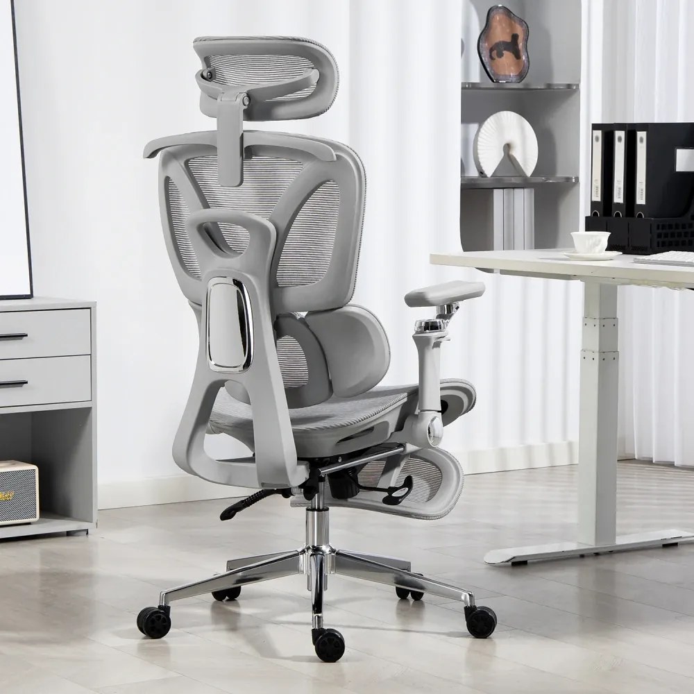 METACHAIR DORO Scaun ergonomic, cotiere 6D, suport lombar dinamic, spătar reglabil înălțime, tetieră 2D, suport picioare, mecanism multifunctional inclinare/blocare, pivotant, Mesh, Gri