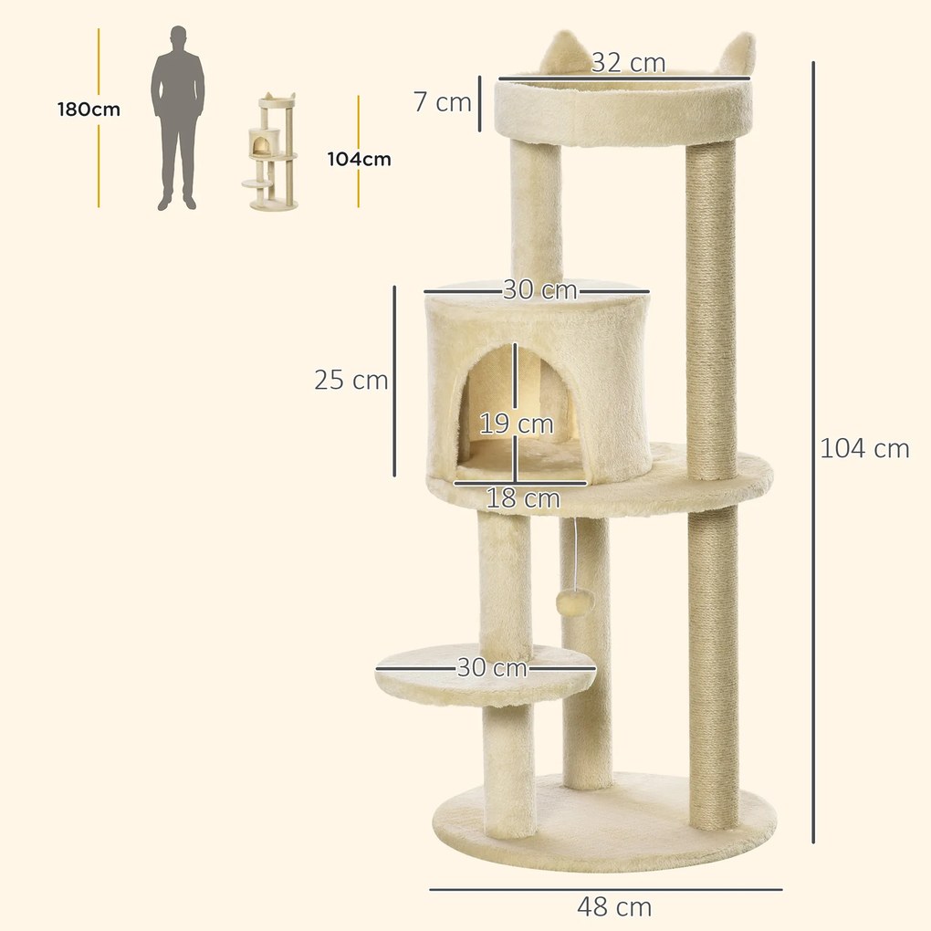 PawHut Ansamblu de Joacă pentru pisici adulte cu căsuță spațioasă și platformă, 104 cm, Crem | Aosom Romania