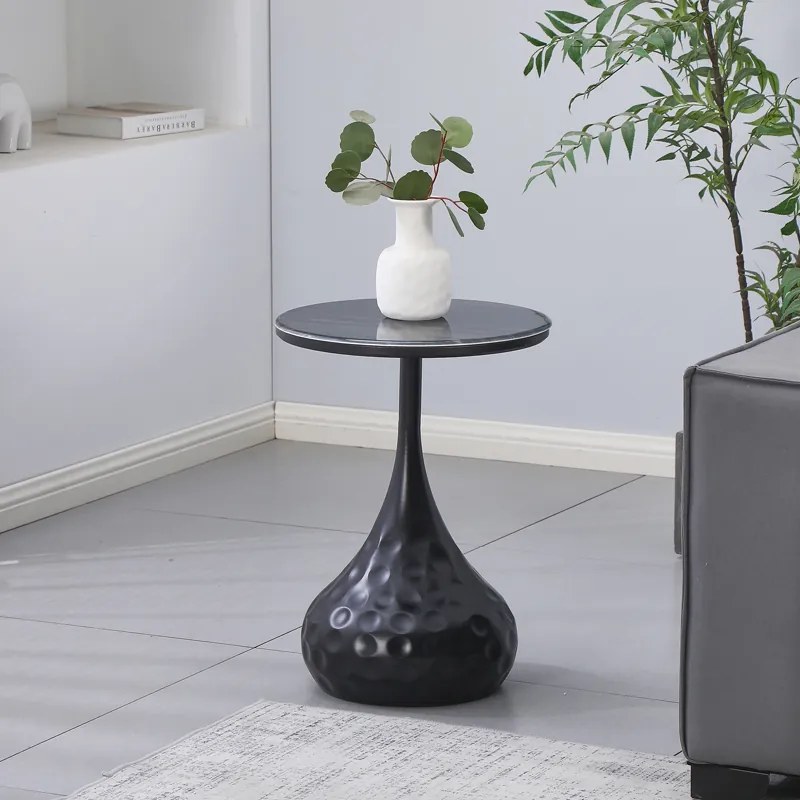 Masuta Laterala Rotunda Genora Negru Metal - Marmura Neagra D40x60 Cm