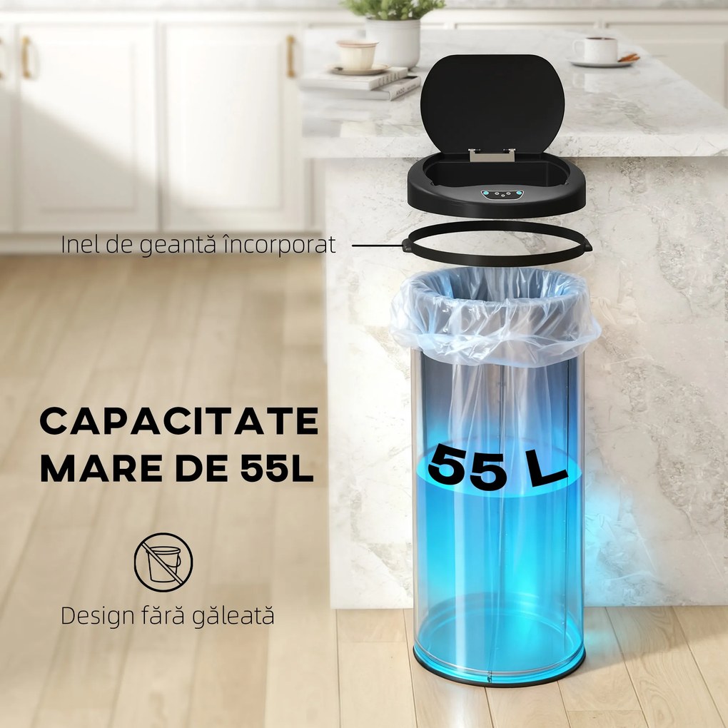HOMCOM Coș de gunoi de 55L cu senzor pentru deschidere automată și închidere amortizată, 32x30x72.5 cm, Argintiu | Aosom Romania