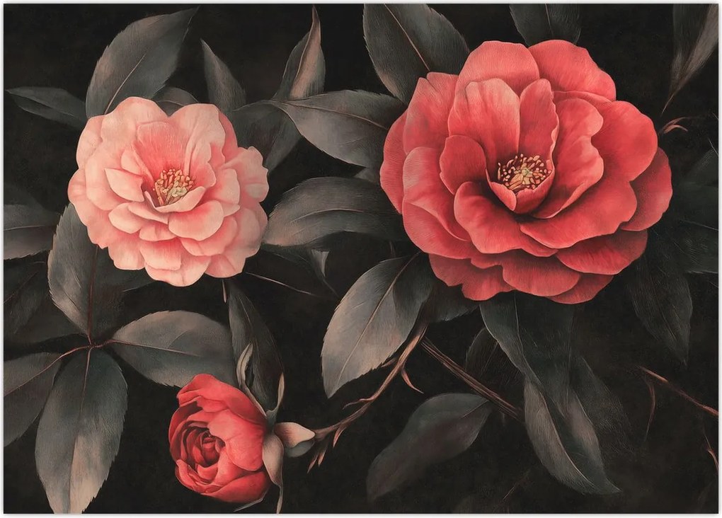 Tablou pe sticlă - Flori roșii pe fundal întunecat (70x50 cm)