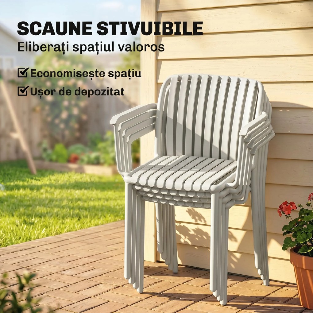 Outsunny Set 4 Scaune de Grădină Stackabile din Polipropilenă Anti-UV, Design Lamelar cu Cotiere, pentru Terasă Balcon Exterior Interior, Gri | Aosom Romania