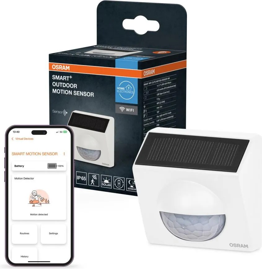 Osram - Senzor de mișcare solar SMART+ pentru exterior, 3,7 V, alb, IP65, Wi-Fi, 800 mAh