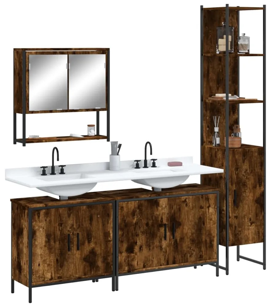 vidaXL Set mobilier de baie, 4 piese, stejar fumuriu, lemn prelucrat