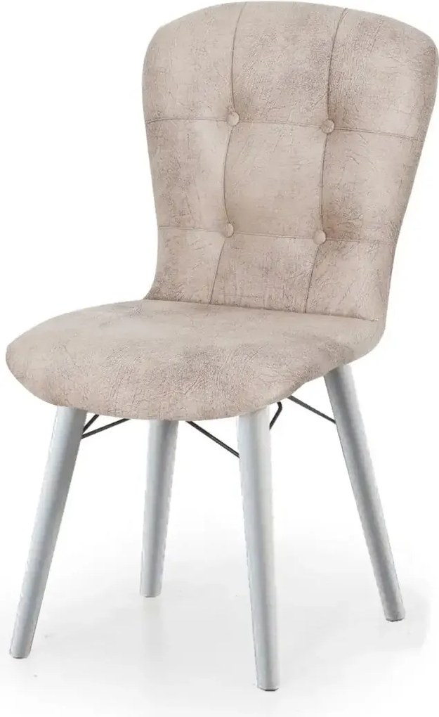 Set masa extensibila cu 6 scaune tapitate Homs cristal  bej-picior-alb-170 x 80 cm