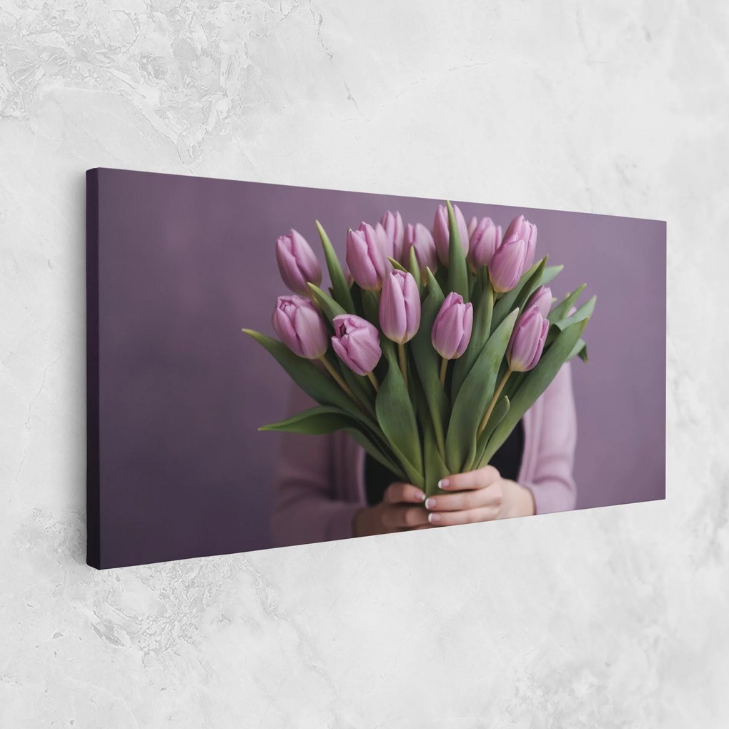 Tablou Canvas, 50x100cm, Dormitor si Living, Flori, Lalele, Holding Pink Tulips