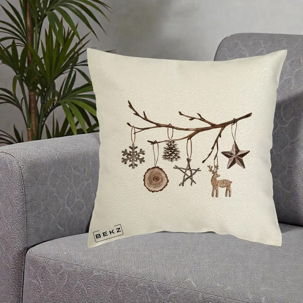 Perna Decorativa Ornamente de Lemn pe Ramura, 40x40 cm, Ecru, Husa Detasabila, Perna Inclusa, BEKZ®
