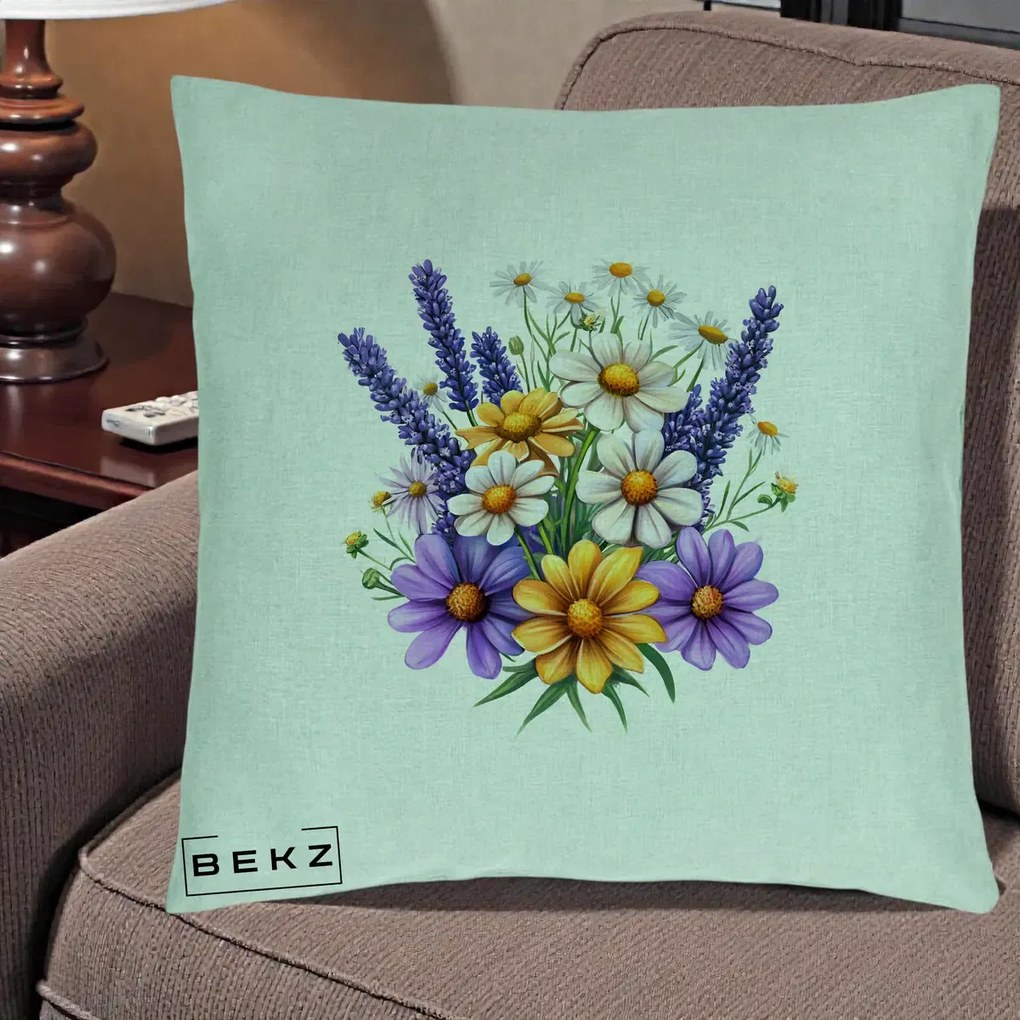 Perna Decorativa Lavanda Musetel si Flori Mov, 40x40 cm, Verde Menta, Husa Detasabila, Perna Inclusa, BEKZ®
