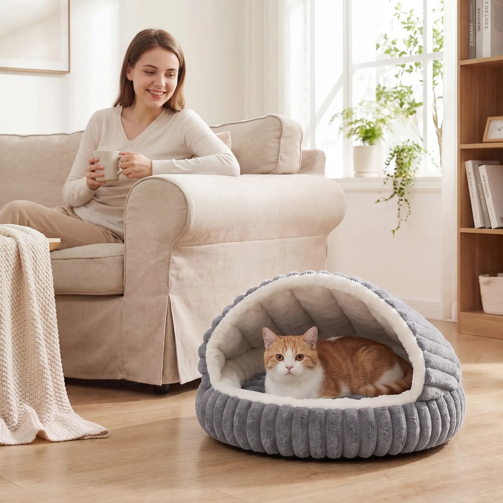 PawHut Culcuș pentru Pisici de până la 5 kg, Rotund Semiînchis, din Pluș cu Efect de Iepuraș, cu Pernă Lavabilă, Gri | Aosom Romania