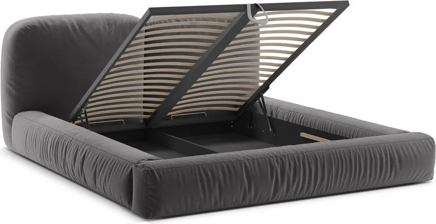 Pat matrimonial gri tapițat cu spațiu de depozitare cu somieră 180x200 cm Martina – Micadoni