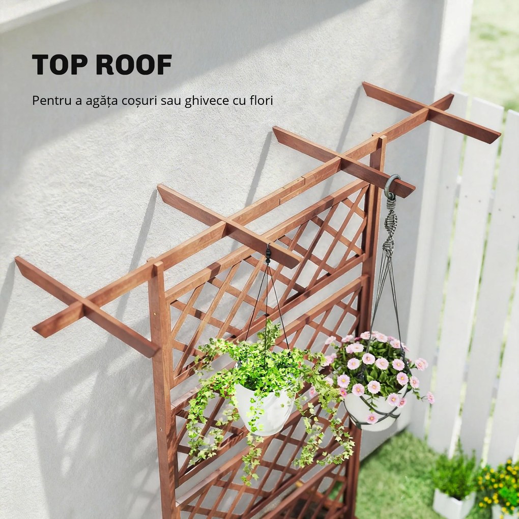Outsunny Jardinieră cu grilaj, cutie de plante pătrată din lemn cu spalier posterior pentru plante cățărătoare și acoperiș | Aosom Romania