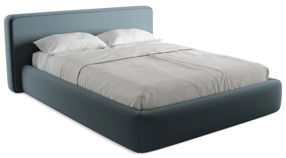 Pat matrimonial albastru tapițat cu spațiu de depozitare cu somieră 160x200 cm Kiana – Makamii