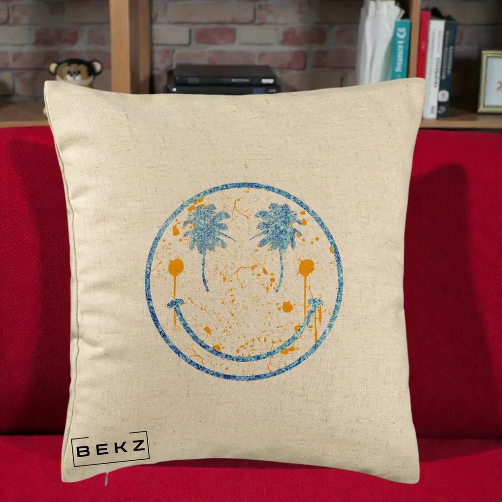 Perna Decorativa Smiley Face Tropical Albastru Glitter si Portocaliu, 40x40 cm, Bej, Husa Detasabila, Perna Inclusa, BEKZ®