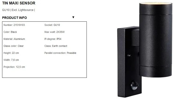Aplica de perete exterior, dubla cu senzor, IP54 Tin Maxi negru 21519103 NL