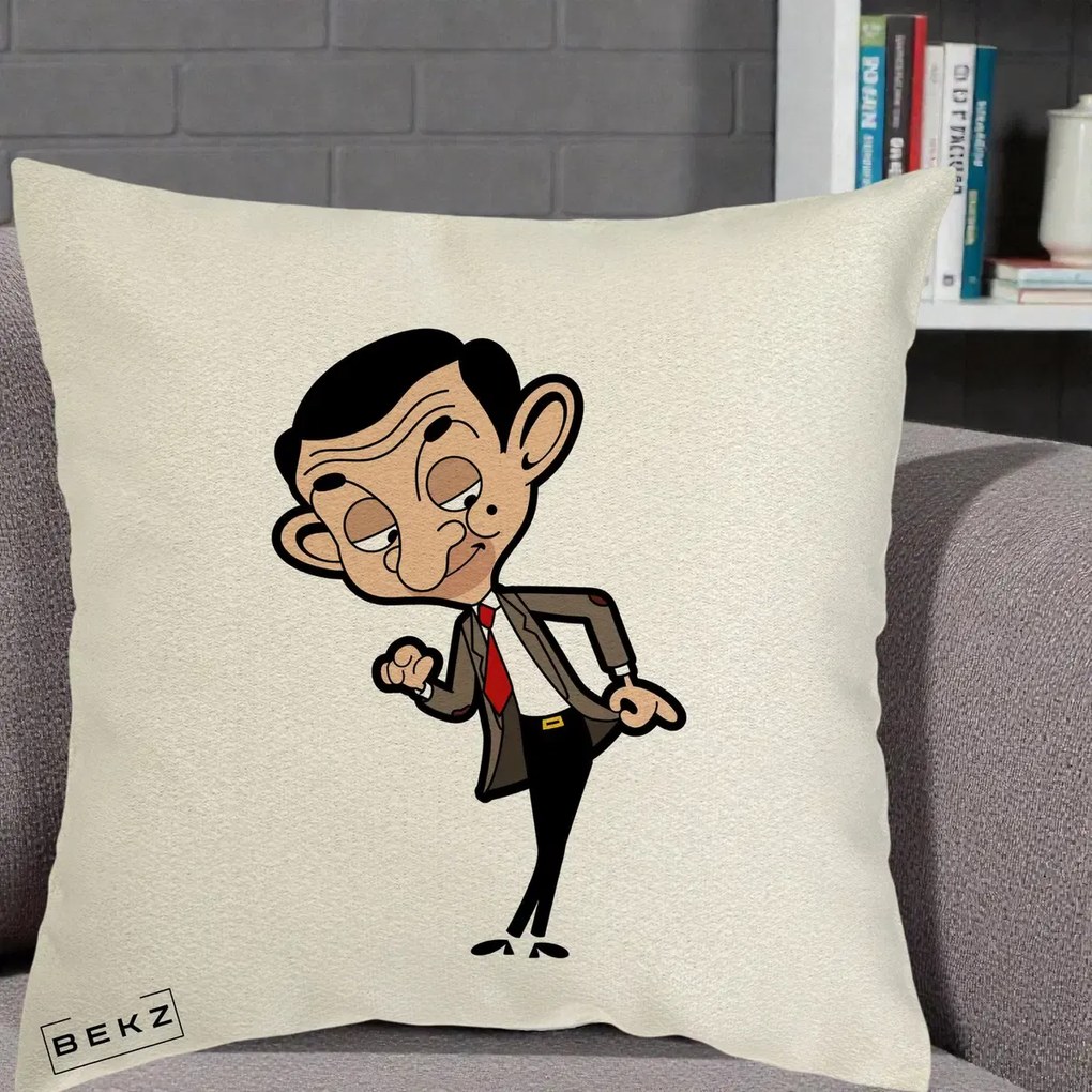 Perna Personalizata Mr. Bean Caricatura, 40x40 cm, Ecru, Husa Detasabila, Perna Inclusa, BEKZ®
