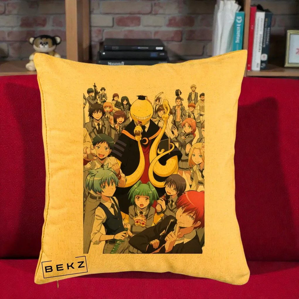 Perna Personalizata Assassination Classroom Grup Complet Anime, 40x40 cm, Galben, Husa Detasabila, Perna Inclusa, BEKZ®