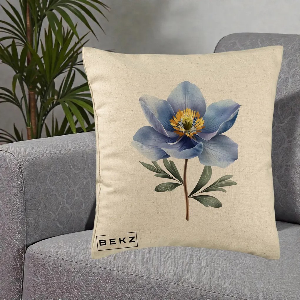 Perna Decorativa Anemona Albastra Botanica, 40x40 cm, Bej, Husa Detasabila, Perna Inclusa, BEKZ®