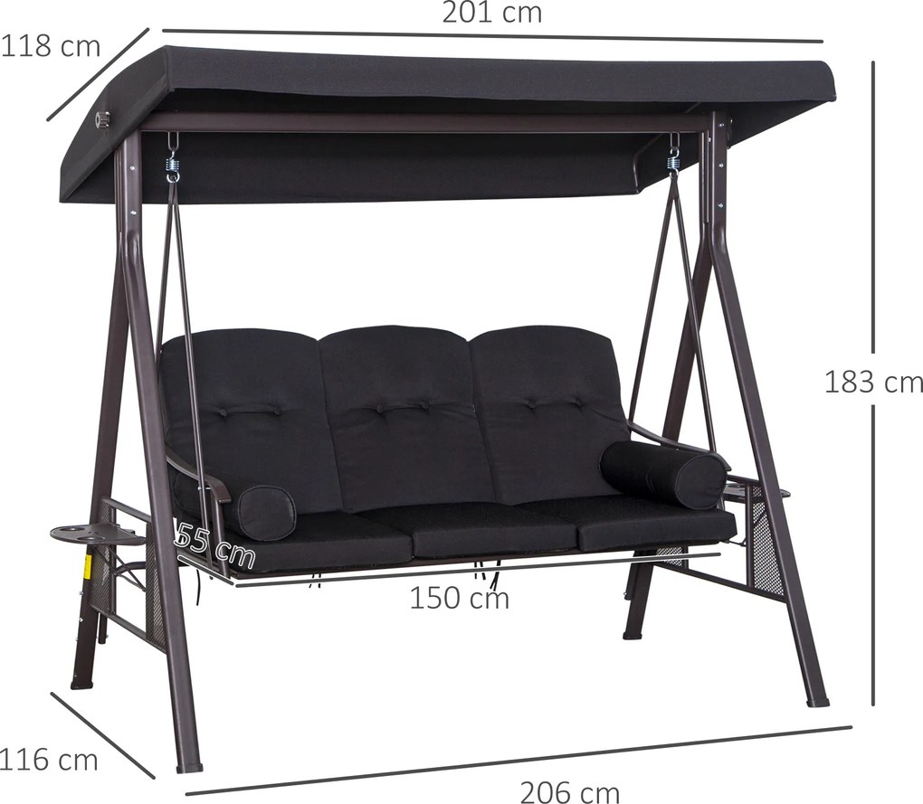 Outsunny Balansoar tip Hollywood pentru 3 persoane, copertină reglabilă, cadru metalic, maro+negru, 116 x 206 x 183cm | Aosom Romania