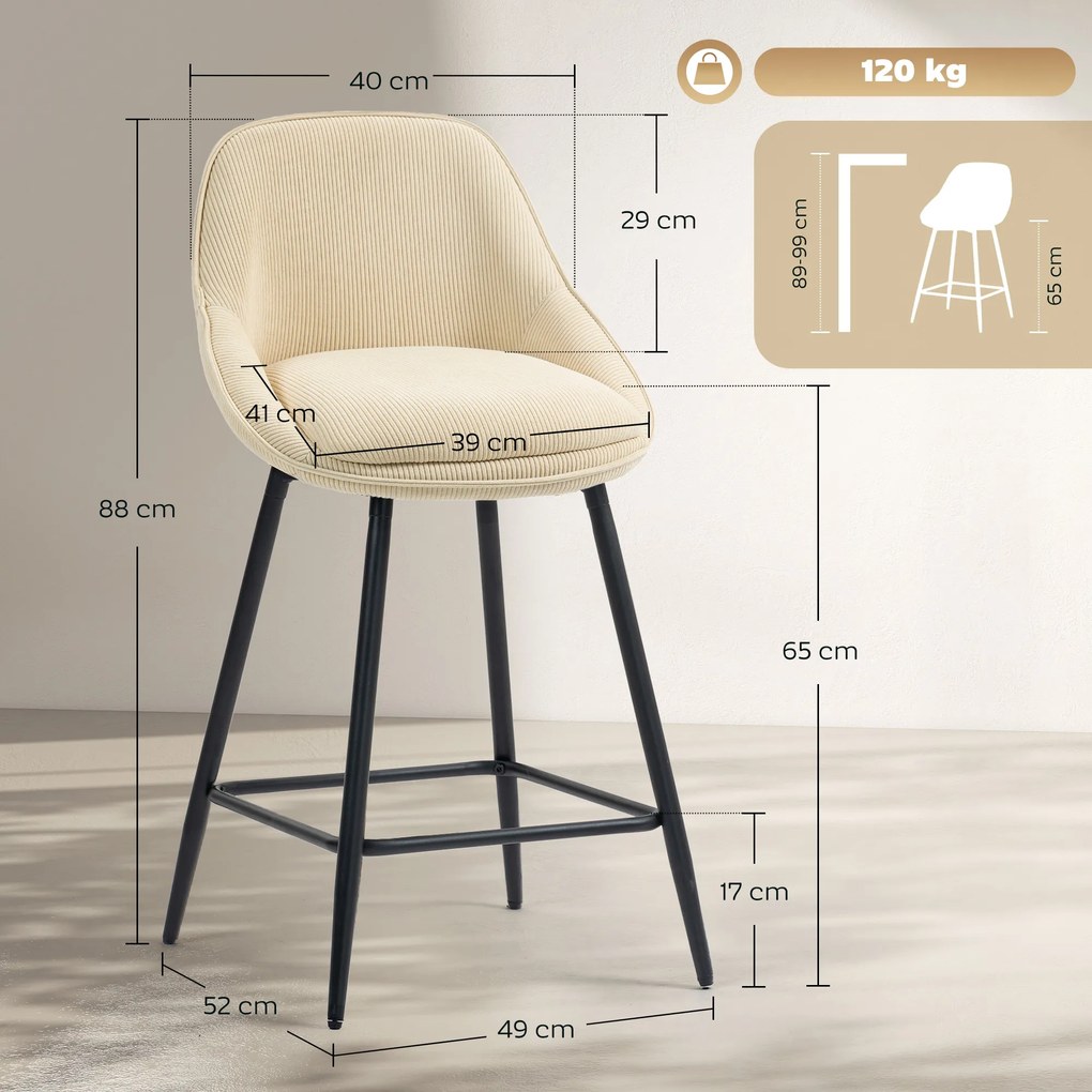 HOMCOM Set 2 Scaune de Bar cu Spătar și Brațe Rotative din Catifea Bej | Aosom Romania