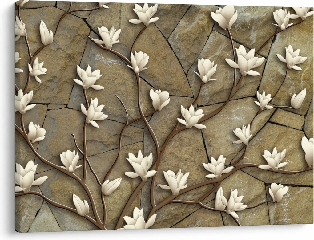 Tablou - Magnolii albe pe zidărie de piatră (70x50 cm)