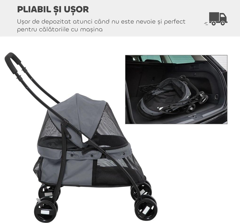 PawHut Cărucior Pliabil pentru Câini cu Acoperiș Reglabil, Geantă și 2 Lese, 82x47x97 cm, Gri | Aosom Romania