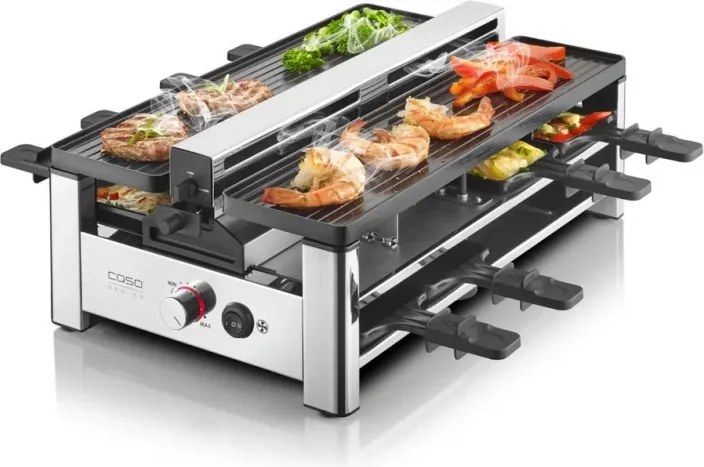 Gratar pentru raclette CASO Design Raclette AirClean, 1500 W, Placi ceramice, Sistem pentru reducerea mirosurilor si a fumului, Filtru, Otel inoxidabil