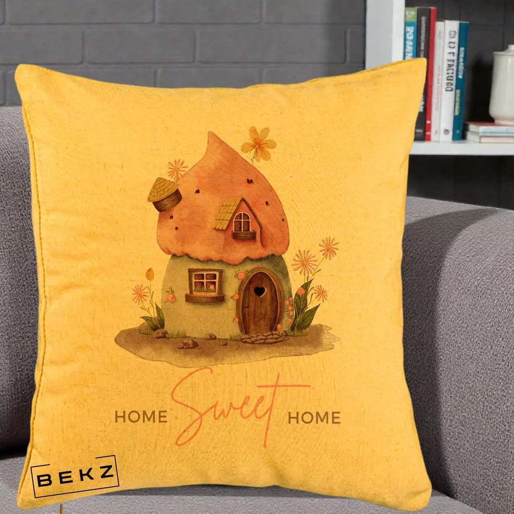 Perna Decorativa Home Sweet Home Casuta, 40x40 cm, Galben, Husa Detasabila, Perna Inclusa, BEKZ®