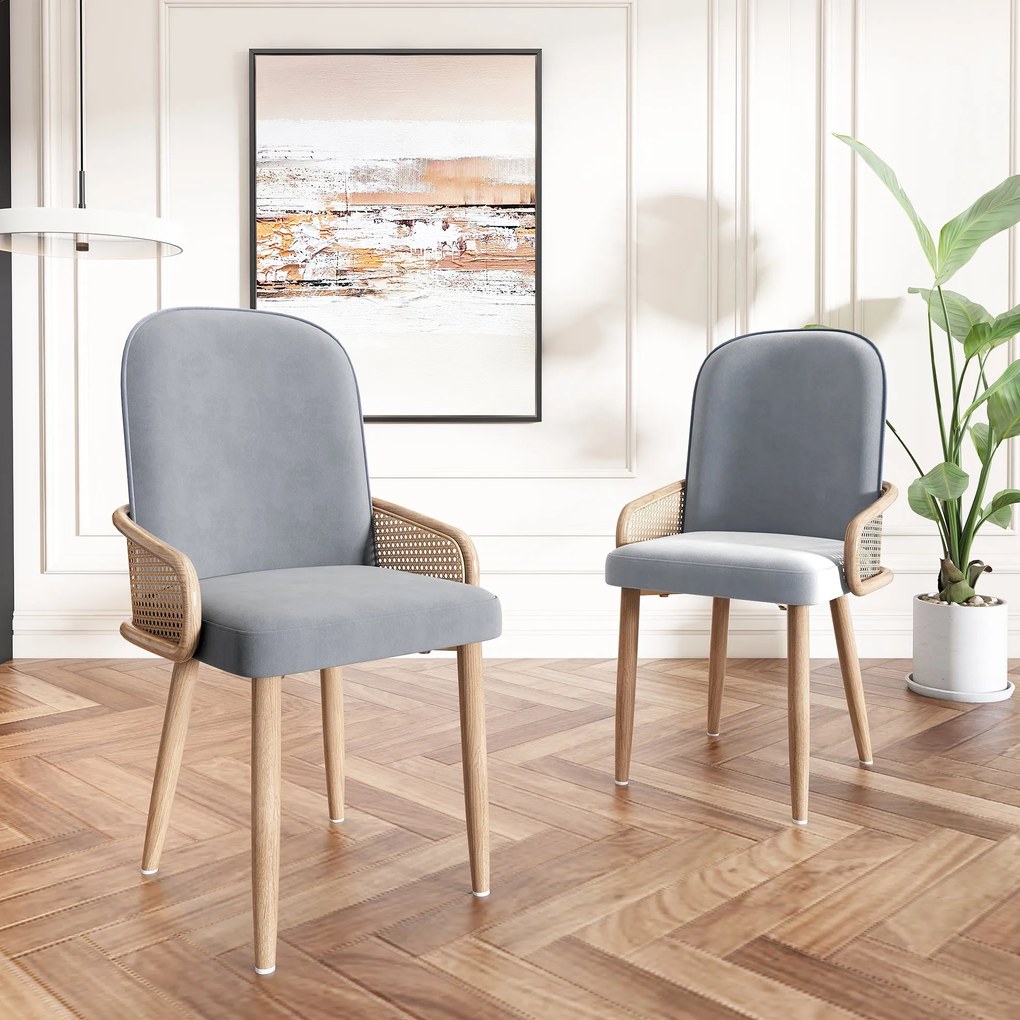 Set de 2 scaune moderne tapițate în ratan și material cu efect de catifea, Gri
