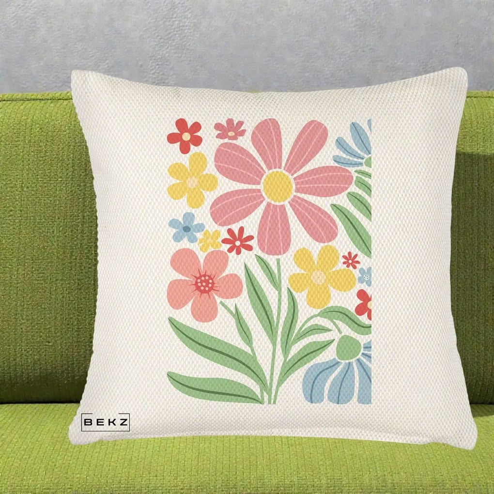 Perna Decorativa Flori Grafice Roz Pastel, 40x40 cm, Crem Reliefat, Husa Detasabila, Perna Inclusa, BEKZ®