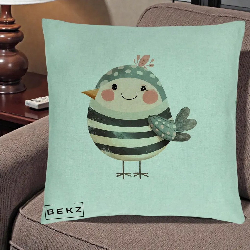 Perna Decorativa Pui Kawaii Teal cu Flori, 40x40 cm, Verde Menta, Husa Detasabila, Perna Inclusa, BEKZ®