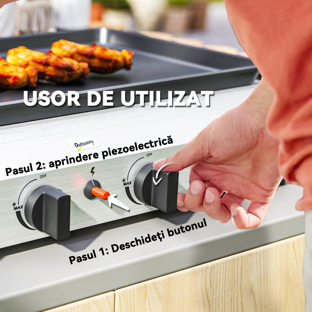 Outsunny Grătar pe Gaz cu 4 Arzătoare, Picioare Reglabile și Tavă de Colectare a Grăsimii, 77x44.5x19 cm, Argintiu | Aosom Romania