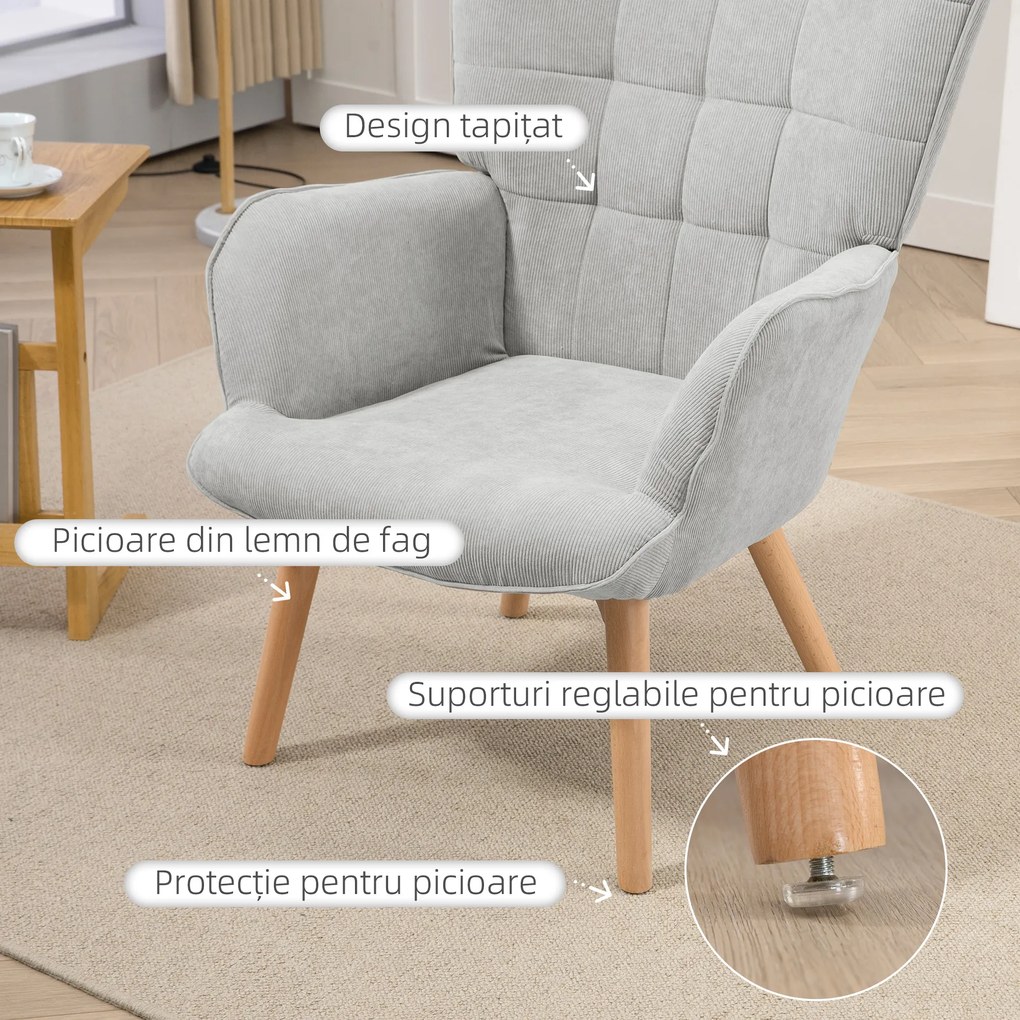 HOMCOM Fotoliu Modern cu Taburet din Catifea și Spătar Înalt Gri | Aosom Romania
