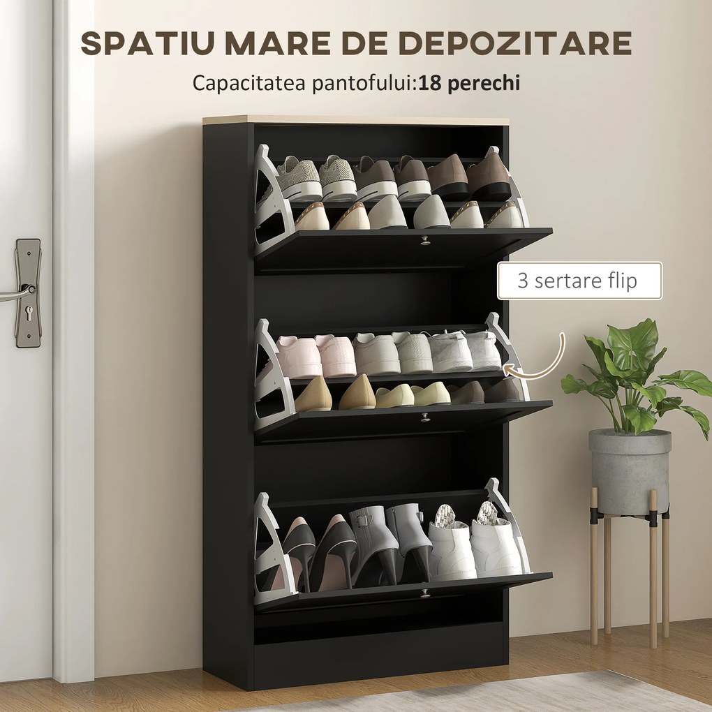 HOMCOM Dulap Îngust pentru Pantofi cu 3 Sertare și Rafturi Reglabile pe 2 Niveluri, 60x23,5x115 cm, Negru | Aosom Romania