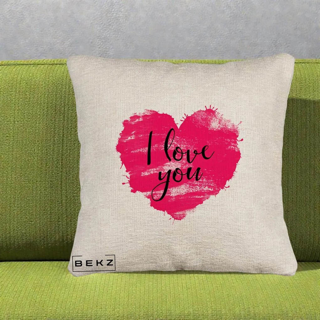 Cadou Romantic - Perna Personalizata I Love You Inima Roz, 40x40 cm, Bej Canapea, Husa Detasabila, Perna Inclusa, BEKZ®