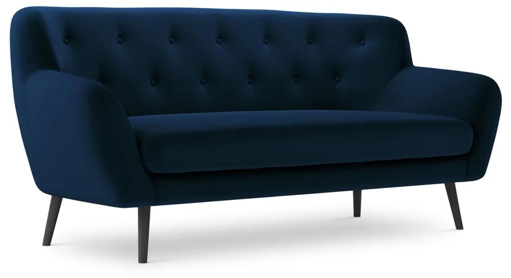 Canapea 3 locuri Mica cu tesatura din catifea, picioare din lemn negru, albastru royal
