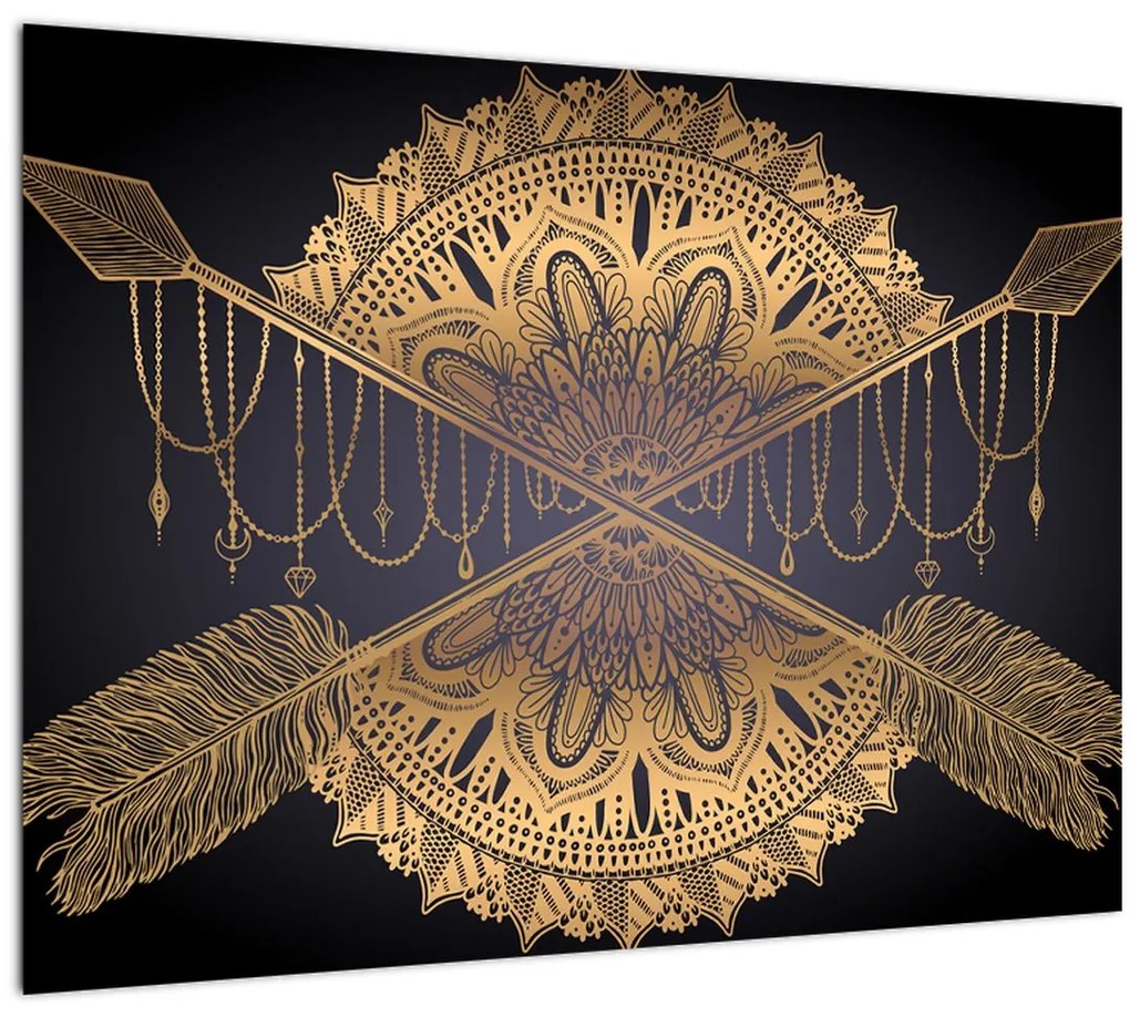 Tablou pe sticlă - Mandala aurie cu săgeți (70x50 cm)