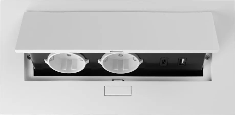 Priză încorporabilă în blat GTV, 2 prize Schuko, USB A + C, alb, 265 x130 mm Aluminiu/ plastic, Alb, L:265 mm; l:130 mm; H:110 mm