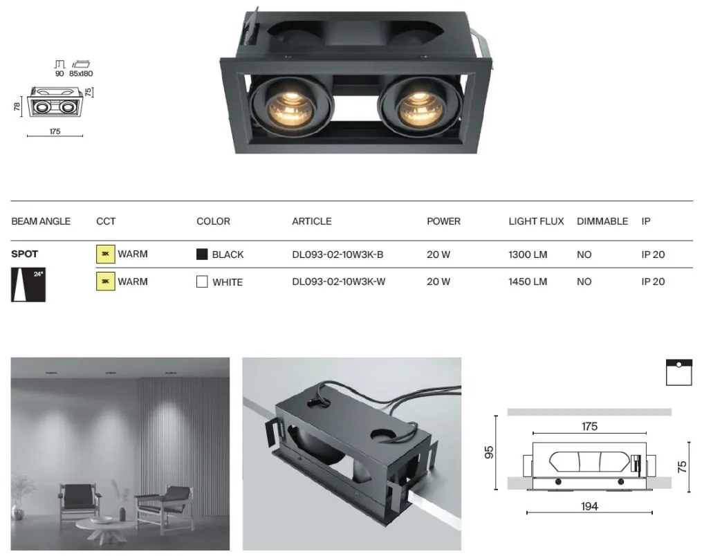 Corp incastrabil cu 2 spoturi LED directionabile Metal Modern alb