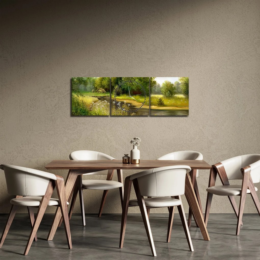 Tablou - Râu lângă pădure, pictură în ulei (cu ceas) (90x30 cm)