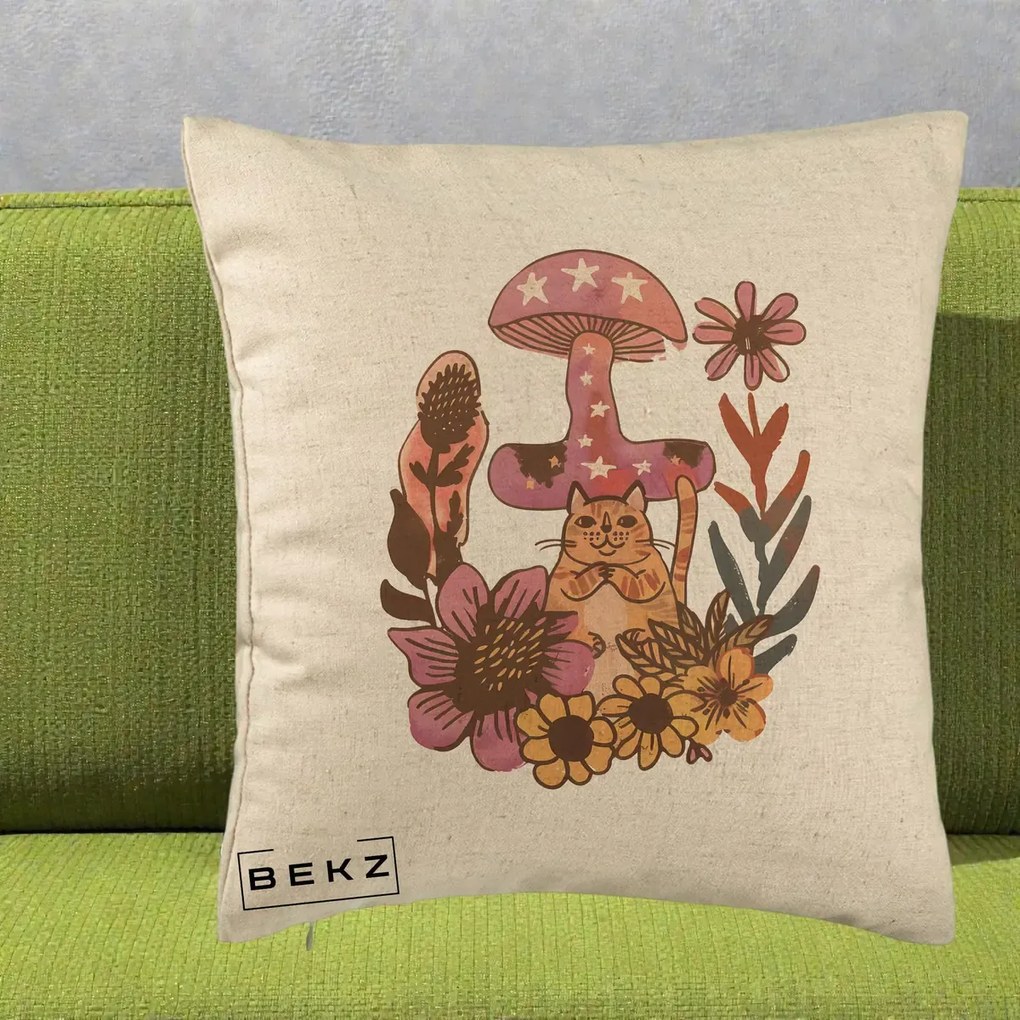 Perna Decorativa Ciuperca Pisica Boho, 40x40 cm, Bej, Husa Detasabila, Perna Inclusa, BEKZ®