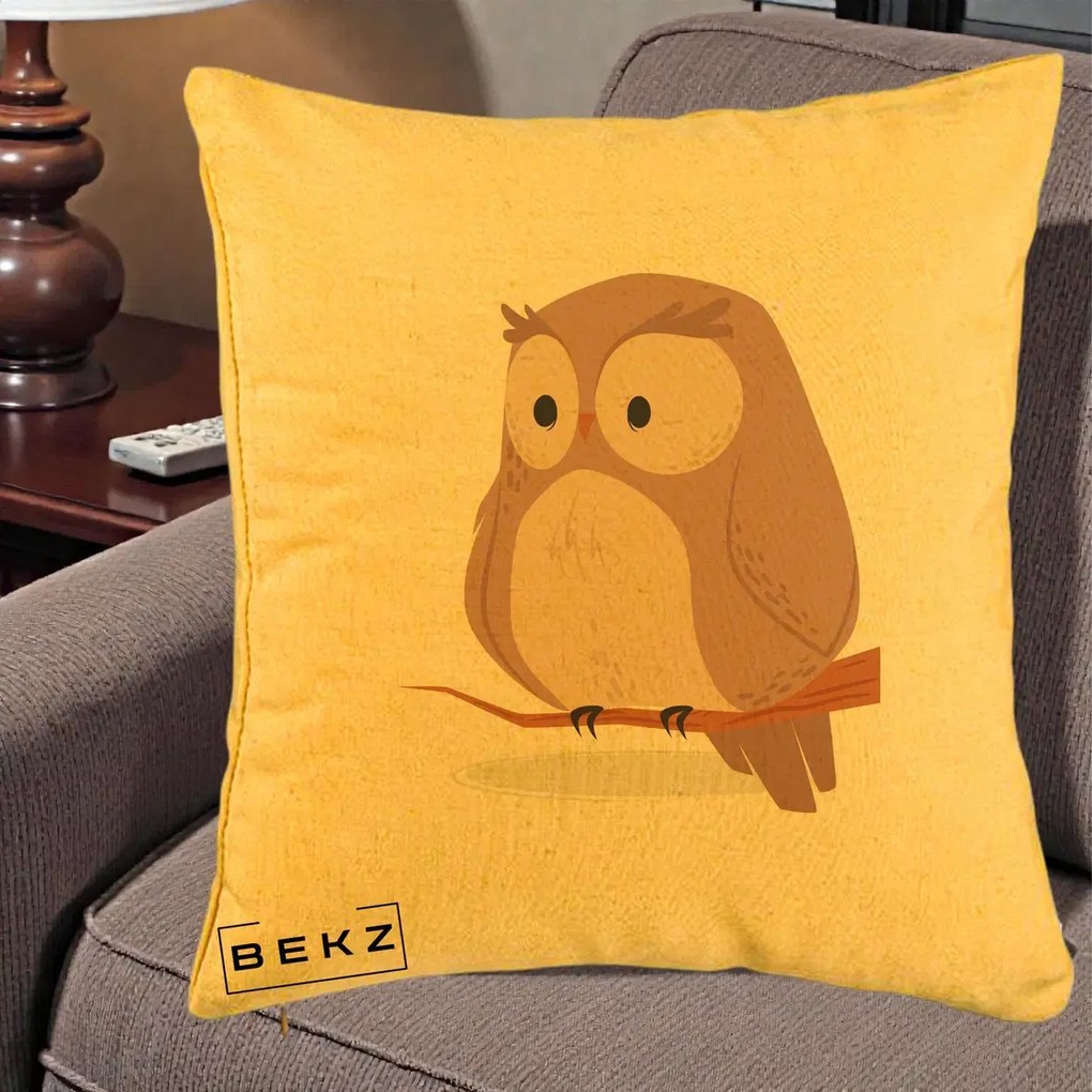 Perna Decorativa Bufnita Kawaii pe Creanga, 40x40 cm, Galben, Husa Detasabila, Perna Inclusa, BEKZ®