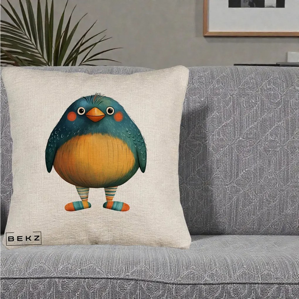 Perna Decorativa Pasare Teal cu Sosete Dunghi, 40x40 cm, Bej Canapea, Husa Detasabila, Perna Inclusa, BEKZ®